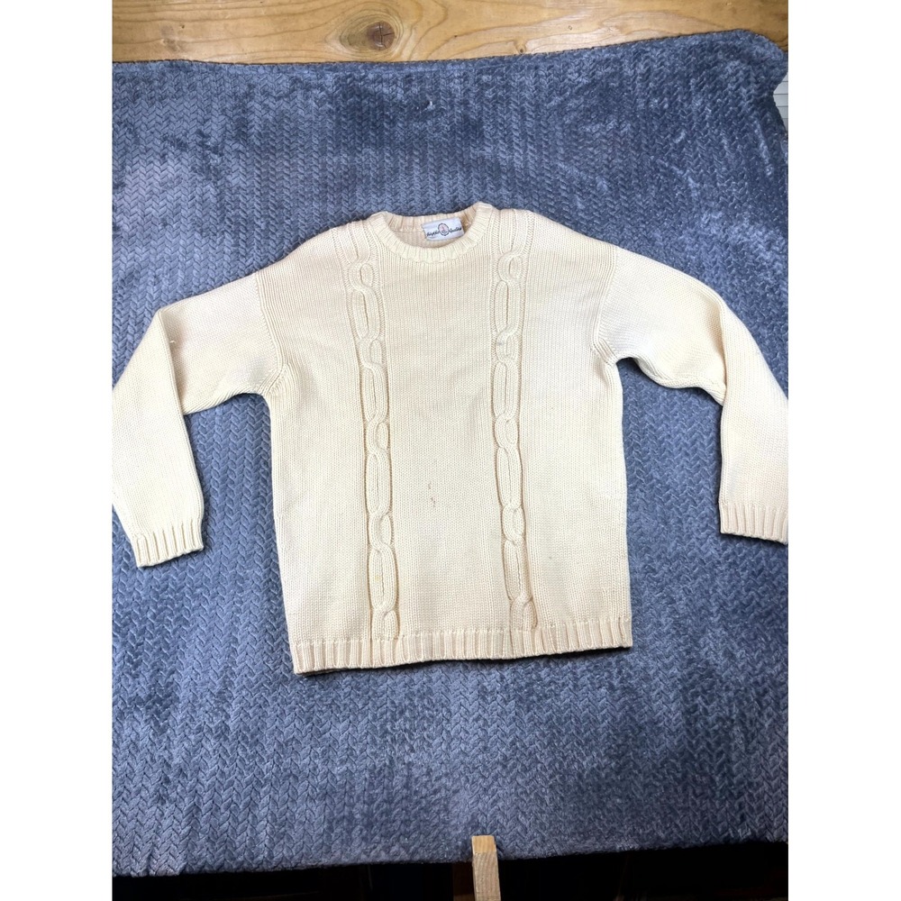 Vintage Sweater Mens L Ivory Crew Neck Long Sleeve Cable Knit Pullover Outerwear
